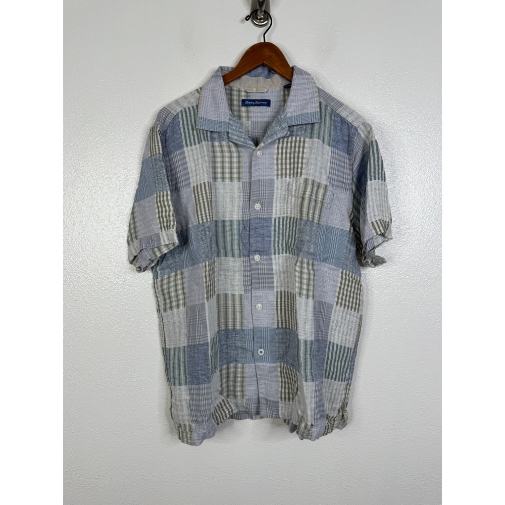 Tommy Bahama Mens Large Linen Cotton Patchwork Plaid Short Sleeve Camp Shirt